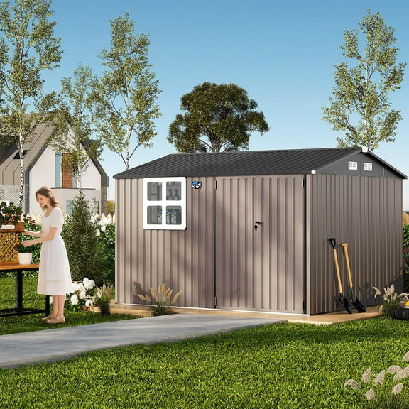 Ataucjin 10x8FT Outdoor Storage Shed, Sturdy Metal Building with Windows & Lockable Doors for Garden, Backyard, Poolside and Lawn（ship in 2 boxes）