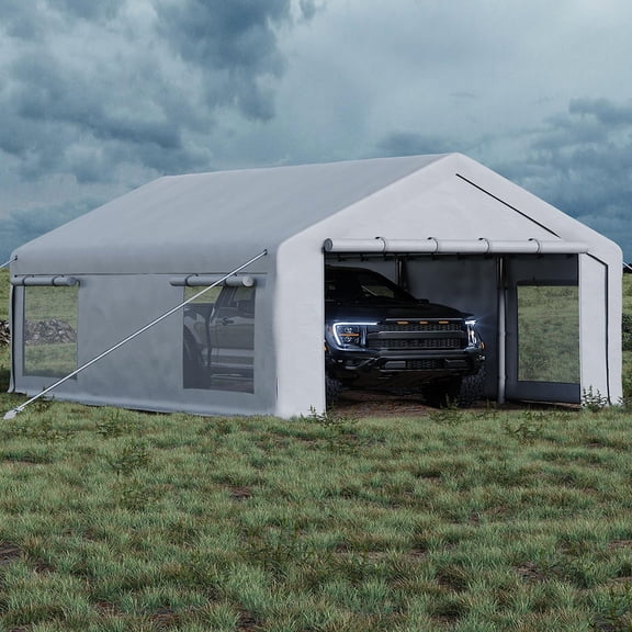 Ataucjin 12x20 ft Portable Garage, Car Port with 200 g PE Tarp Canopy, with 2 Roll-Up Doors and 4 Windows, for Temporary Paint Booth, Boats&Pickups Shed, and Event Shelter