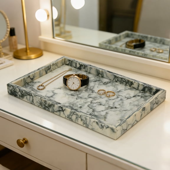 Ataucjin 12x8 InchElegant Natural Marble Vanity Tray, Pure Stone Jewelry and Perfume Organizer, Decorative Bathroom Counter or Kitchen Storage
