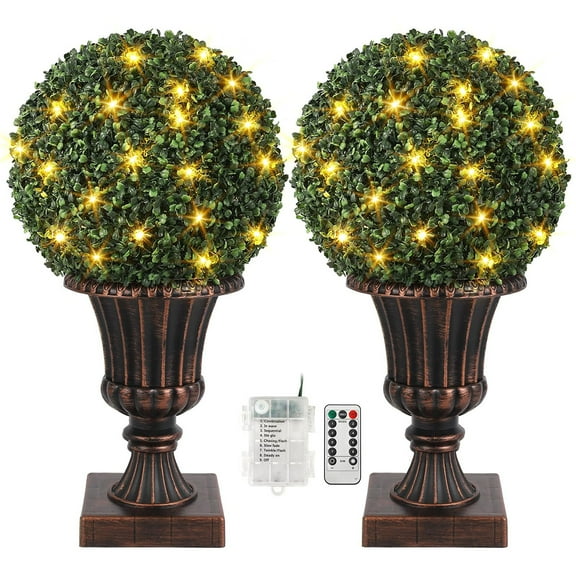 Ataucjin 16” Artificial Plant Topiary Ball, Pre-Lit Artificial Topiary Plant with Lights, Timer and Remote Control, Artificial Outdoor Porch Trees with Light Base for Outdoor Indoor