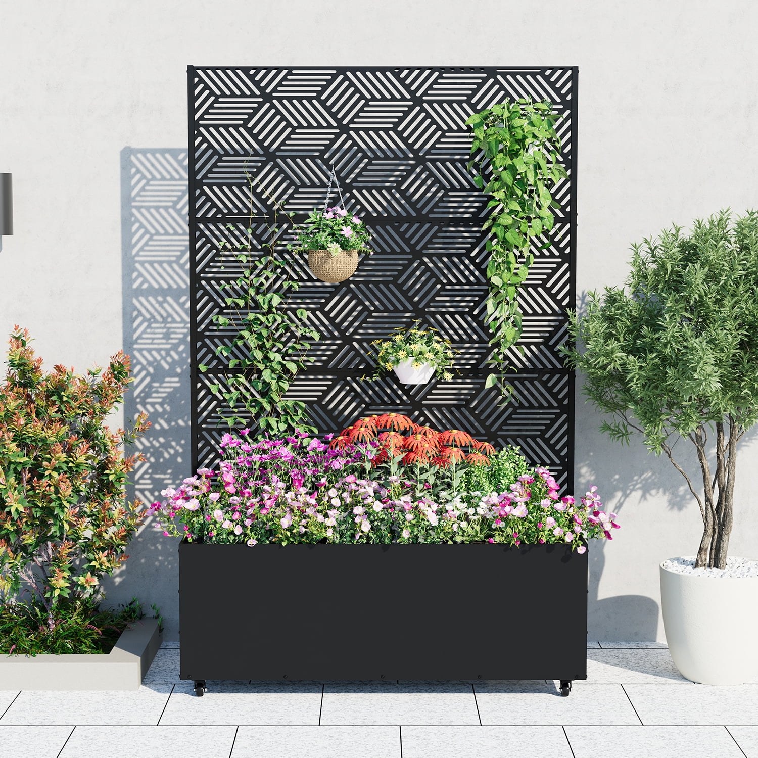 Ataucjin 16" Deep Planting Bed with Drainage Holes,Metal Planter Box with Trellis, Raised Garden Bed with Wheels, Deep Privacy Screen for Climbing Plants,47"X16"X71"