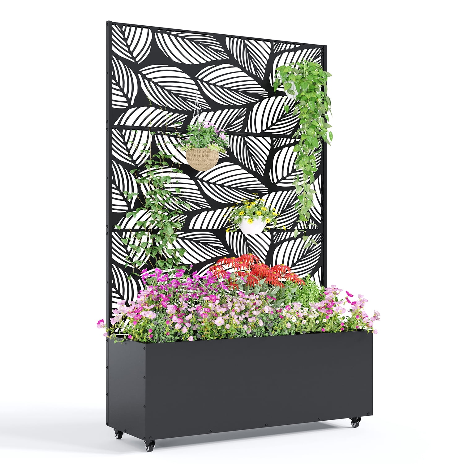 Ataucjin 16" Deep Planting Bed with Drainage Holes,Metal Planter Box with Trellis, Raised Garden Bed with Wheels, Deep Privacy Screen for Climbing Plants,47"X16"X71"