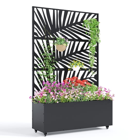 Ataucjin 16" Deep Planting Bed with Drainage Holes,Metal Planter Box with Trellis, Raised Garden Bed with Wheels, Deep Privacy Screen for Climbing Plants,47"X16"X71"