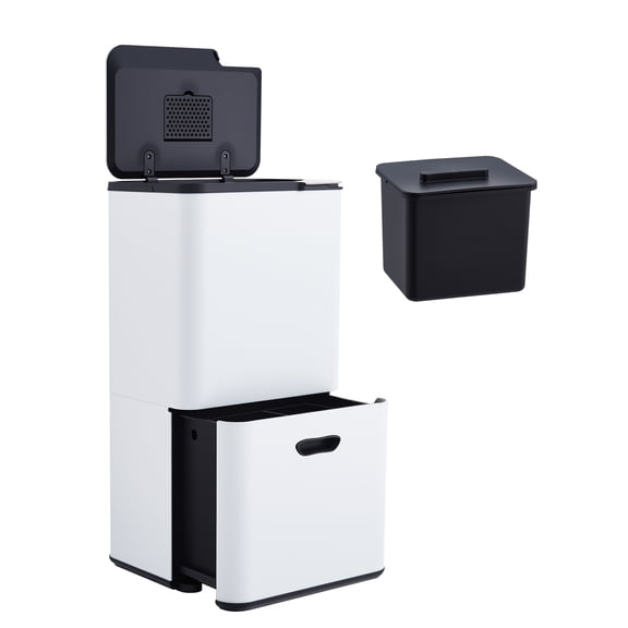 Ataucjin 16 Gal/60L Dual Compartment Kitchen Trash Can,Stainless Steel Indoor Recycling Bin, Pull-Out Design with Removable Buckets, Odor Control, Compost Bin, Fingerprint Resistant, Space Saving