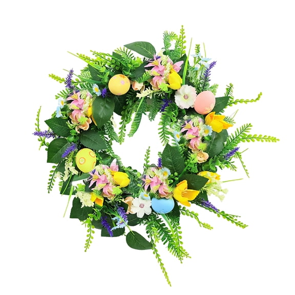 Ataucjin 18 Inch Easter Wreath for Front Door, Artificial Egg Wreath with Flowers and Green Leaves, Spring Floral Wreath for Indoor Outdoor Home Decor
