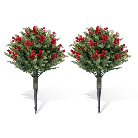 Ataucjin 19.6" Artificial Topiary Trees Set of 2, Topiary Trees with Metal Ground Spike for Winter and Fall,Christmas Topiary Tree with Red Fruits Outdoor Front Porch Garden