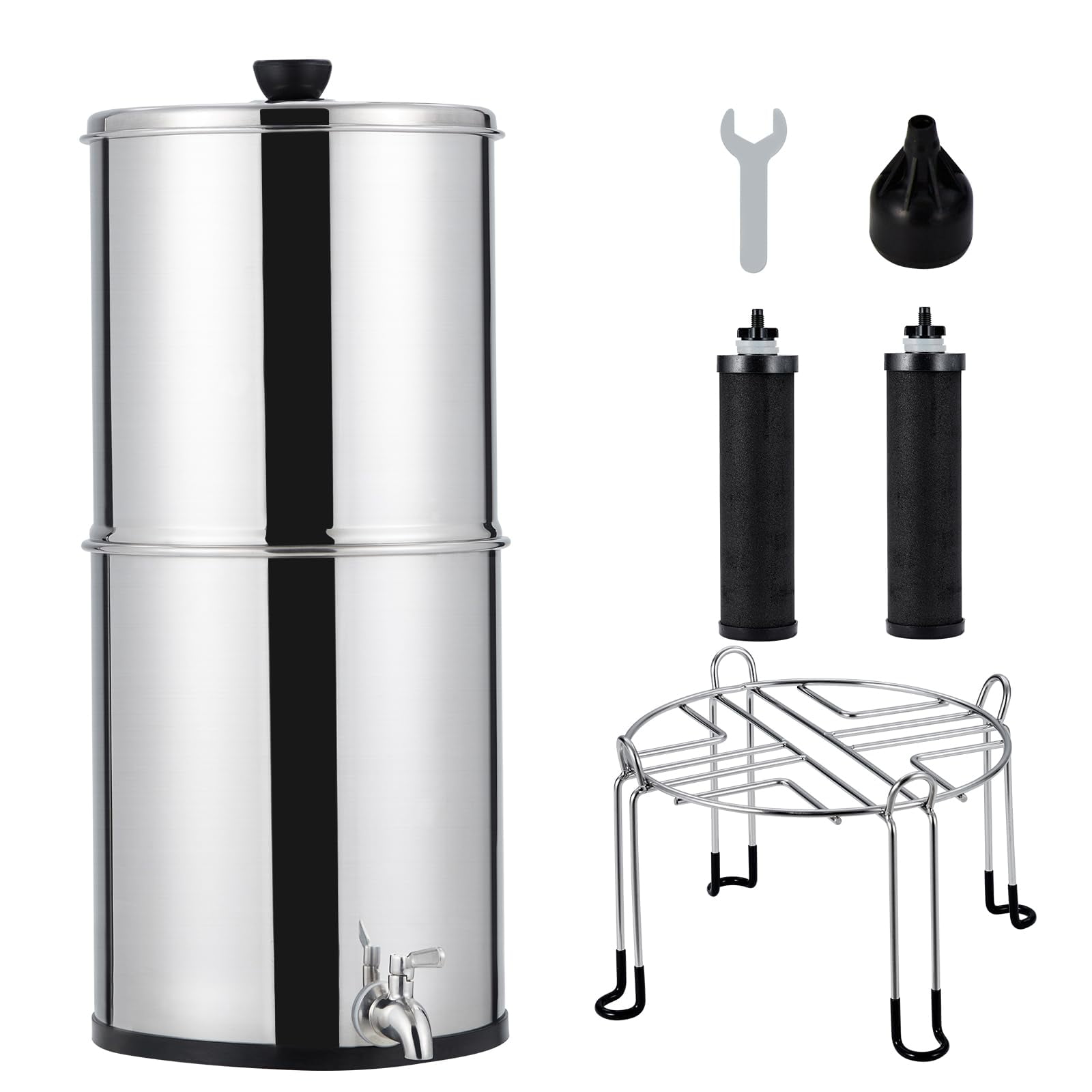 Ataucjin 2.25G Gravity-Fed Water Filter System, 304 Stainless Steel Countertop Filtration System, with 2 Black Carbon Filters & Metal Spigot & Stand for Home, Camping, RVing, Off