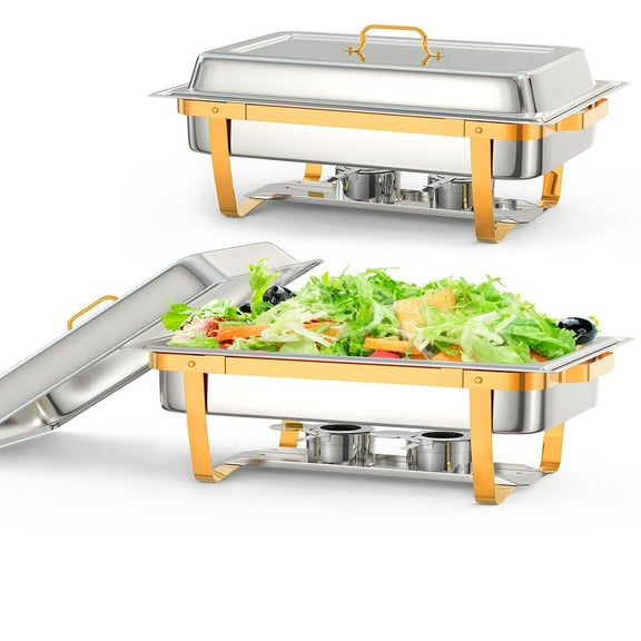 Ataucjin 2-Pack 8 Quart Stainless Steel Chafing Dish Buffet Set with Foldable Frame for Catering Weddings Banquets Buffet Warmers Food-Grade Gold Finish