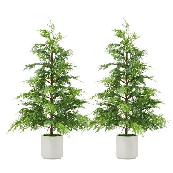 Ataucjin 2 PackArtificial Cedar Topiary Trees for Front Porch Decor,Artificial Christmas Tree, Uv Rated Potted Plants,Faux Plants for Entryway,Living Room,Office,Apartment,3/4/5/6Ft