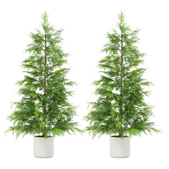Ataucjin 2 PackArtificial Cedar Topiary Trees for Front Porch Decor,Artificial Christmas Tree, Uv Rated Potted Plants,Faux Plants for Entryway,Living Room,Office,Apartment,3/4/5/6Ft