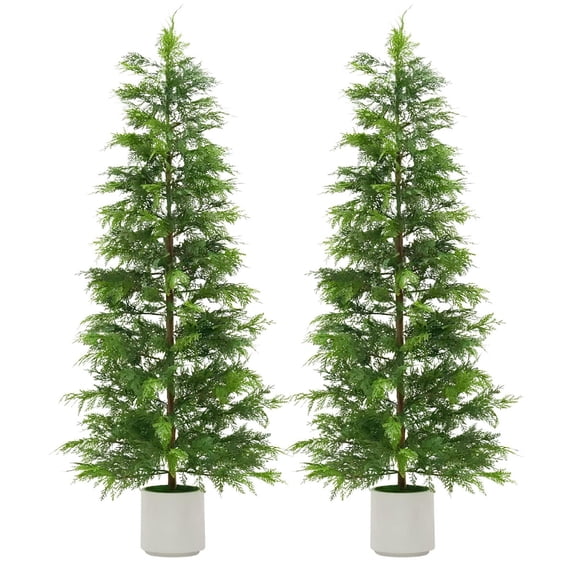 Ataucjin 2 PackArtificial Cedar Topiary Trees for Front Porch Decor,Artificial Christmas Tree, Uv Rated Potted Plants,Faux Plants for Entryway,Living Room,Office,Apartment,3/4/5/6Ft