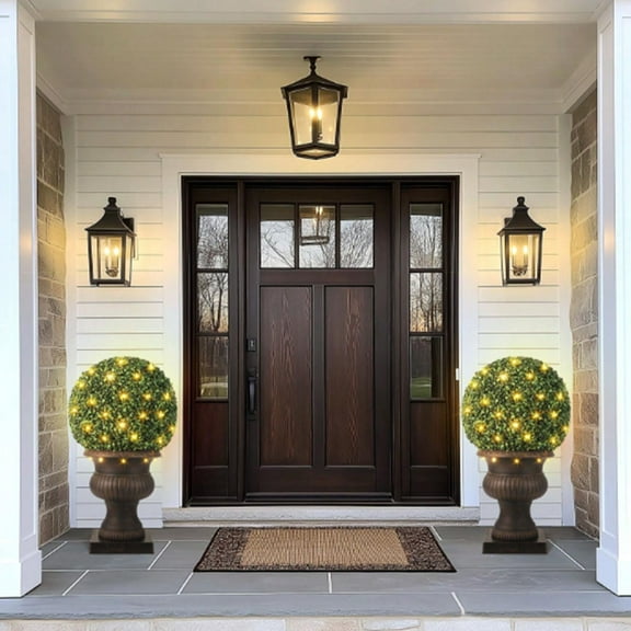 Ataucjin 2 Pcs 20" Artificial Plant Topiary Ball, Pre-Lit Artificial Topiary Plant With 50 Lights, Timer And Remote Control, Artificial Outdoor Porch Trees With Sturdy Pot For Outdoor Indoor