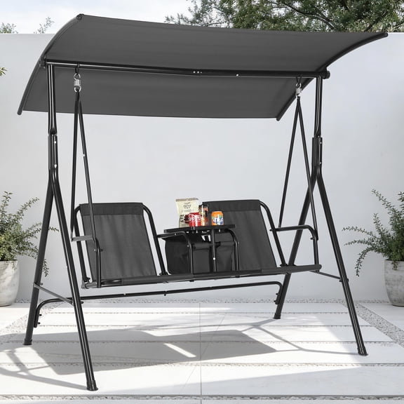 Ataucjin 2-Person Porch Swing with Cup Holders, Pivot Storage Table & Cooler Bag, Adjustable Canopy, Black Steel Frame Outdoor Patio Swing for Backyard, Balcony & Poolside