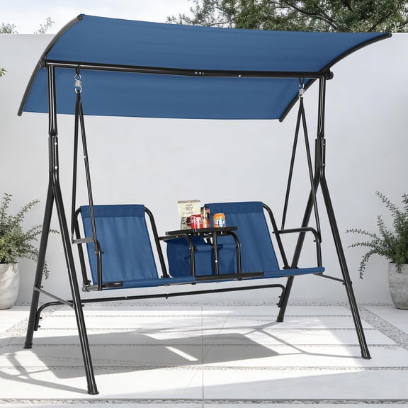 Ataucjin 2-Person Porch Swing with Cup Holders, Pivot Storage Table & Cooler Bag, Adjustable Canopy, Black Steel Frame Outdoor Patio Swing for Backyard, Balcony & Poolside