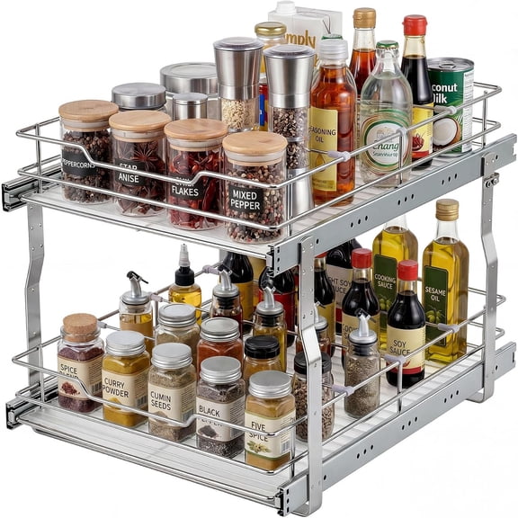 Ataucjin 2-Tier Pull Out Cabinet Organizer, Pullout Shelf and Drawer Organizer with Heavy-Duty Steel Frame, Slide Out Storage Basket for Kitchen, Pantry & Under Sink, 12" W x 21”D x 15" H