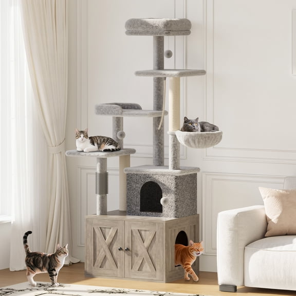 Ataucjin 2-in-1 Cat Tree with Litter Box Enclosure, All-In-1 Hidden Cats Washroom Furniture, Hidden Litter Box Furniture, Indoor Cat Play House with Multiple Platforms, Large Condo, Scratching Post