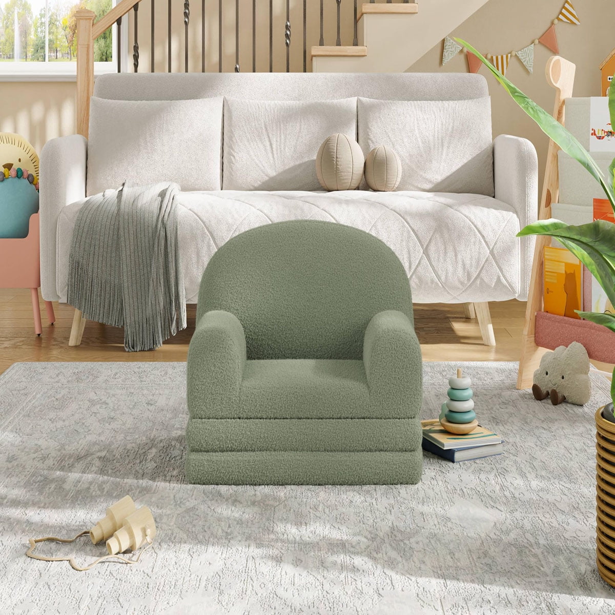 Ataucjin 2-in-1 Kids Sofa Chair, Convertible Toddler Couch Lounge, Comfy Fold Out Teddy Fleece Fabric Children's Sofa Bed for Playroom, Bedroom, Nursery, Gift for Boys & Girls