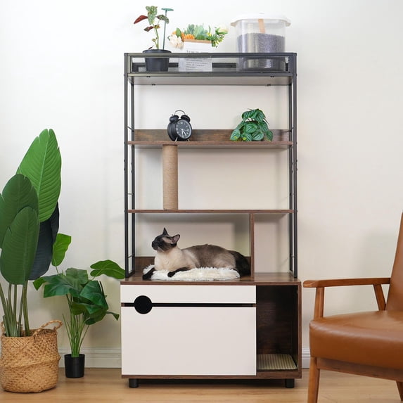 Ataucjin 2-in-1 Litter Box Enclosure with 4-Tier Shelves and Cat Scratching Post, Large Wood Cat Litter Box Furniture Hidden with Storage, Fit Most of Litter Box