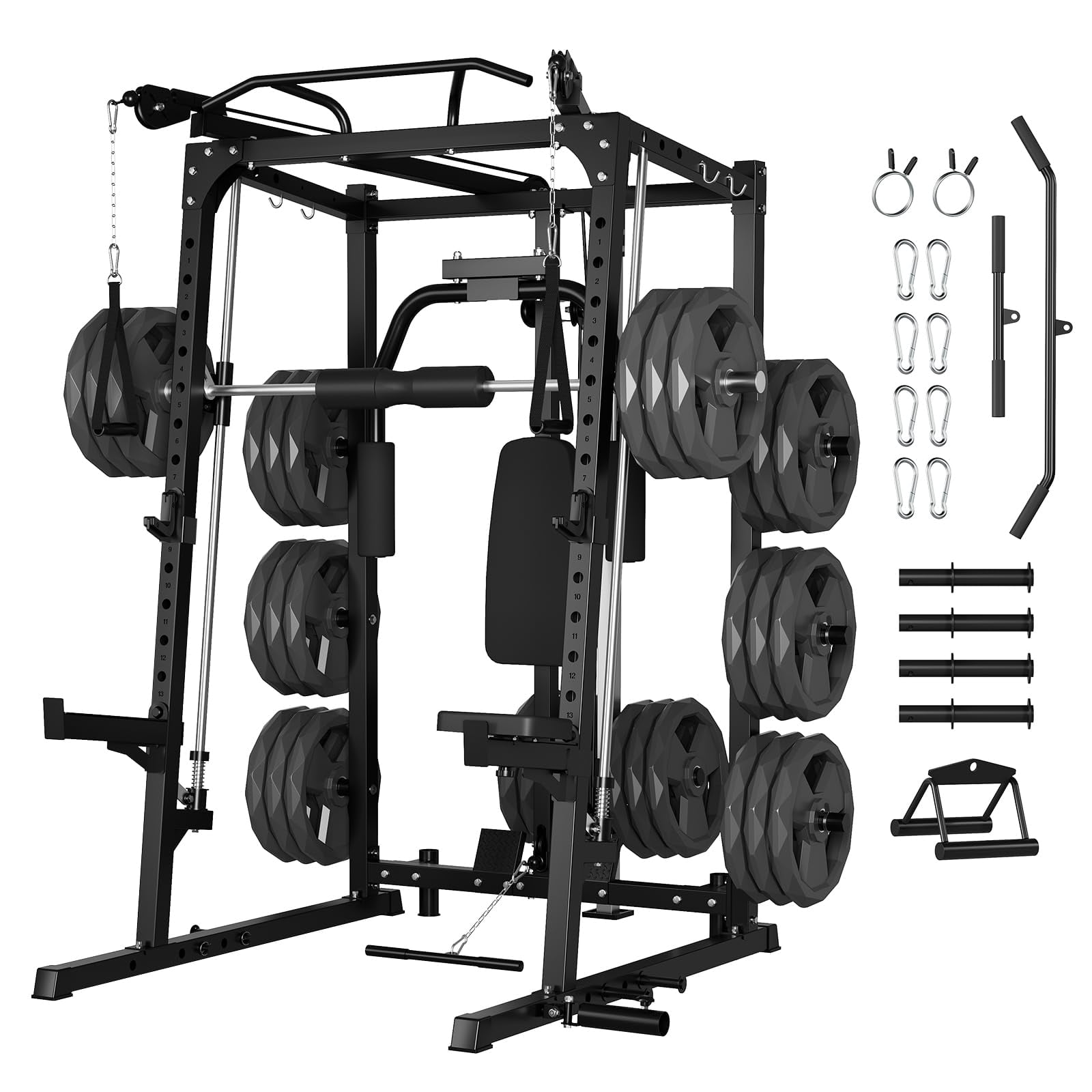 Ataucjin 2000LBS Smith Machine Home Gym, Multi-Function Power Cage Squat Rack with Cable Crossover & LAT Pulldown, Strength Training Equipment with 8 Weight Storage Pins and More (Plates Not Included