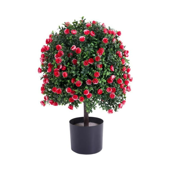 Ataucjin 21.65" Artificial Boxwood Topiary Ball Tree with Flowers,Artificial Rose Topiary Ball Tree,Outdoor Faux Potted Plants for Front Door Porch Garden Backyard
