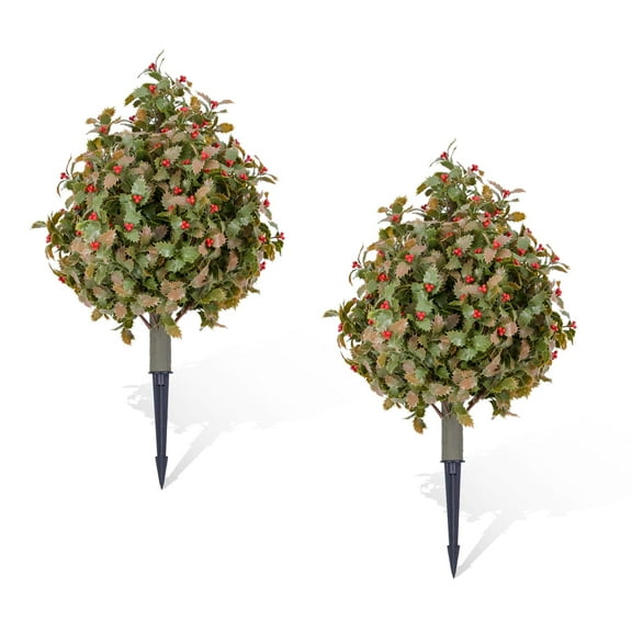 Ataucjin 23.6" Artificial Topiary Trees Set of 2, Topiary Trees with Metal Ground Spike for Winter and Fall,Christmas Topiary Tree Outdoor Front Porch Garden