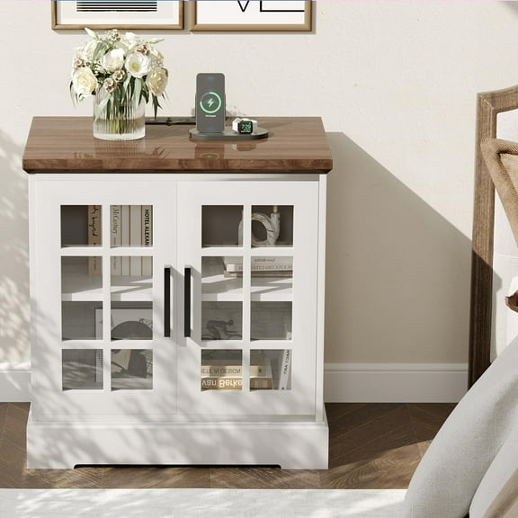 Ataucjin 24inch Farmhouse Nightstand with Charging Station,End Table with Tempered Glass Doors & Adjustable Shelf, Rustic Wood Square Sofa Side Table for Bedroom, Living Room, Office