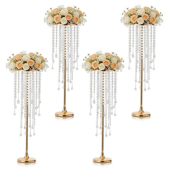 Ataucjin 29.5inch Wedding Centerpieces Gold Vases, Metal Flower Stand for Table with Crystal Beads, Gold Flower Vase for Party, Home, Events, Reception,2PCS /4 PCS