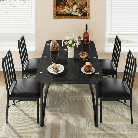 Ataucjin 3/5 Piece Glass Dining Table Set Metal Steel Frame Kitchen Table And Chairs For 2/4 Modern Rectangular Cutaway Design Glass Dining Set With Cushion Seats Home Furniture For Kitchen Apartment