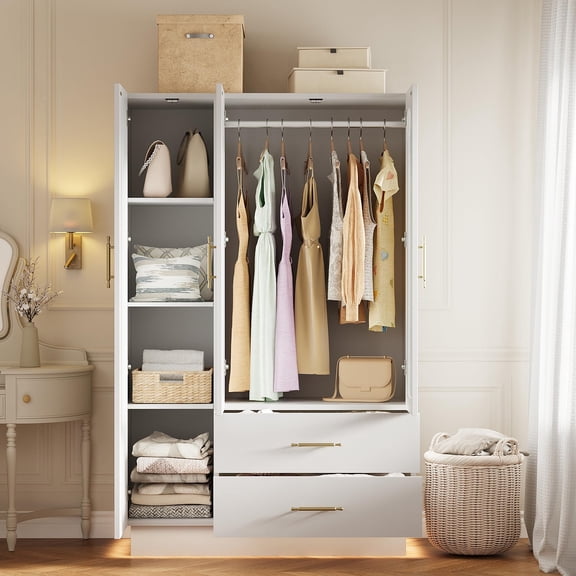 Ataucjin 3-Door Storage Cabinet with Glass Door,Modern Large Wooden Organizer Cabinet with Hanging Rods&2 Drawers,Bedroom Armoire with Stable Foundation for Bedroom and Living Room(ship in 2 boxes)