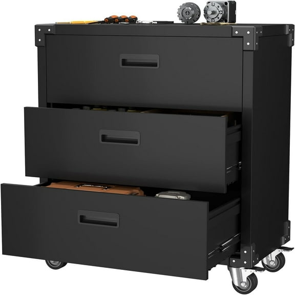 Ataucjin 3-Drawer Rolling Tool Cabinet - Heavy Duty Garage Storage On Wheels - Mobile Metal Workbench for Warehouse, Basement & Workshop | Requires Assembly, Black