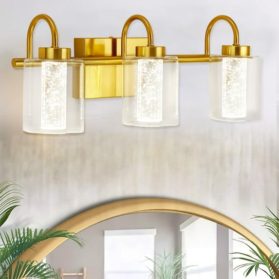 Ataucjin 3 Light Brushed Gold Vanity Lights, Bathroom Light Fixtures CrystalGlass Dimmable 3 Color Temperatures Modern Bathroom Wall Sconce for Bathroom Hallway Kitchen Bedroom Living Room