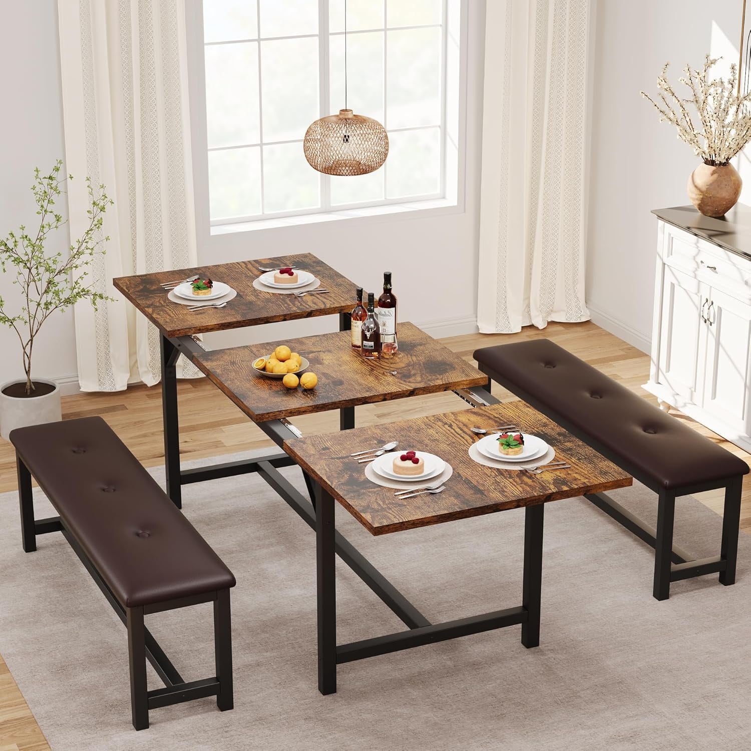 Ataucjin 3 Piece Dining Table Set for 4-6, 63" Extendable Kitchen Table ...