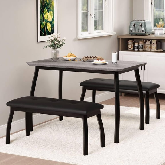 Ataucjin 3-Piece Retro Dining Set，Space-Saving Table & 2 Upholstered Benches for 4, Metal Frame Kitchen Furniture for Apartments, Studios, Small Spaces