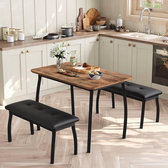Ataucjin 3-Piece Retro Dining Set，Space-Saving Table & 2 Upholstered Benches for 4, Metal Frame Kitchen Furniture for Apartments, Studios, Small Spaces