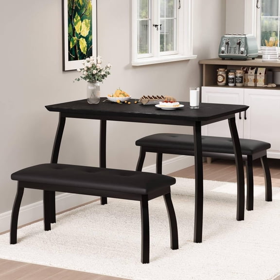 Ataucjin 3-Piece Retro Dining Set，Space-Saving Table & 2 Upholstered Benches for 4, Metal Frame Kitchen Furniture for Apartments, Studios, Small Spaces