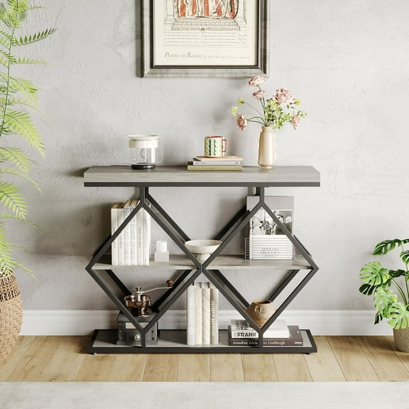 Ataucjin 3-Tier Console Sofa Table with Storage, Industrial Accent Table with Open Shelves, Entryway Table with Diamond-Shaped Metal Frame,Foyer Table for Entryway, Hallway