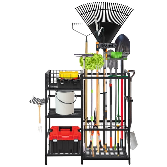 Ataucjin 3-Tier Heavy Duty Steel Garden Tool Organizer Rack with Basket,35 Long-Handled Tool Slots & Shelves, Freestanding Garage Storage Tower for Shovels,Rakes,Brooms