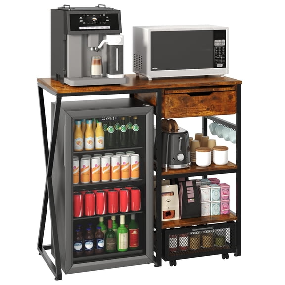 Ataucjin 3-Tier Mini Fridge Stand with Storage Shelf,Microwave and Coffee Bar Organizer Built-in Power Outlet, Basket, Pull-Out Work Platform,160lbs Heavy Duty Kitchen Rack