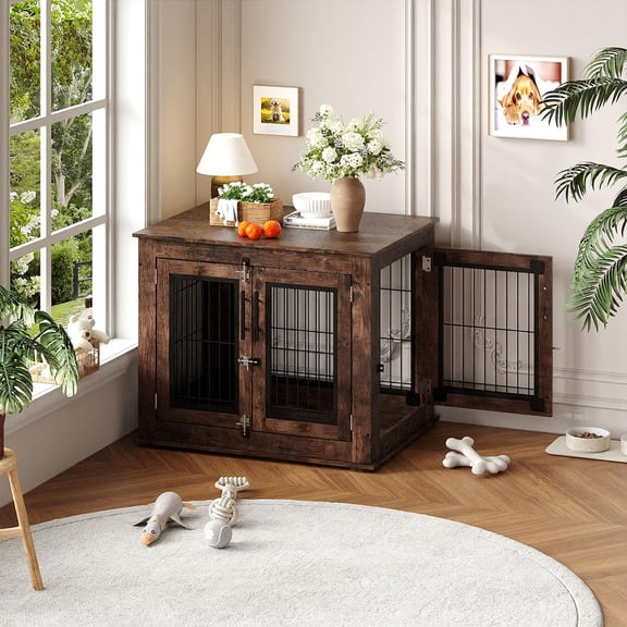 Ataucjin 31Inch Farmhouse Dog Crate Furniture with Double Doors, Heavy Duty Wooden Dog Kennel End Table for Small/Medium Dogs, Indoor Dog House Cage Anti-Chew Pet Furniture