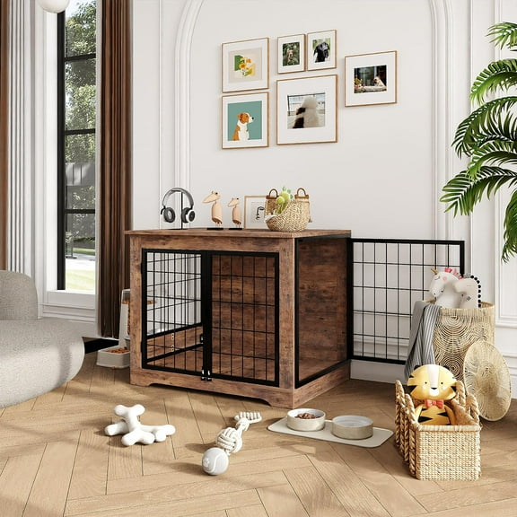 Ataucjin 32 inch Heavy Duty Dog Crate Furniture Rustic Wooden Dog Cage Kennel Indoor Furniture with 2 Rotating Dog Bowls Chew-Resistant Dog Kennel for Small,Medium Dogs