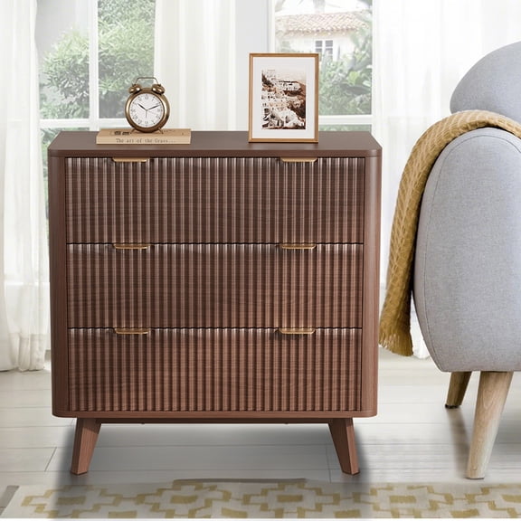 Ataucjin 32inch Fluted Nightstand, Modern 3 Drawer Bedside Table with Faux Marble Top and Curved Profile,End Table for Bedroom, Living Room, Hallway, Entryway