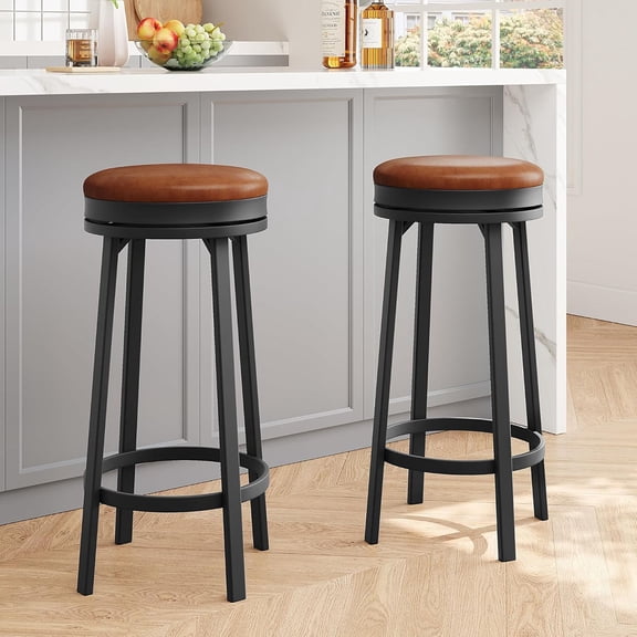 Ataucjin 360° Swivel Bar Stool Set of 2, PU Leather Upholstered Counter Height Bar Stool with Metal Footrests, Mid Century Modern Barstool for Kitchen, Dinig Rooms, Apartments