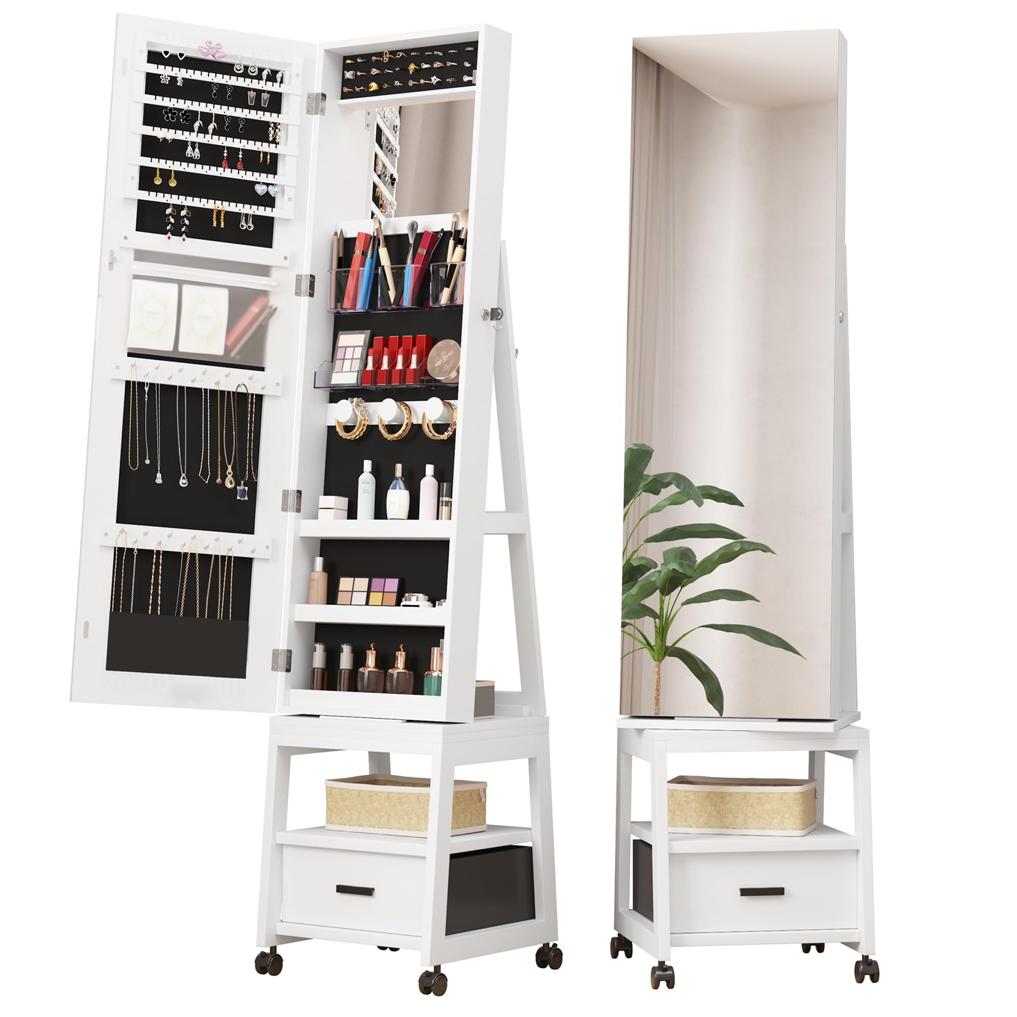 White Rotatable Full-Length Mirror Jewelry Armoire with Storage