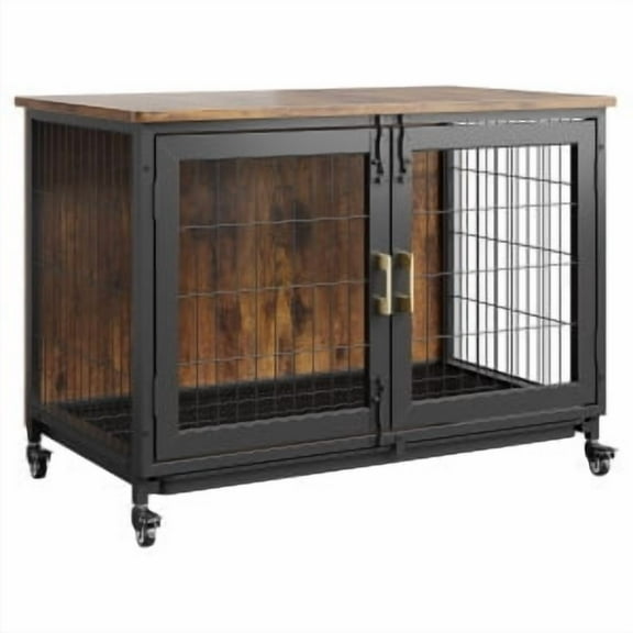 Ataucjin 37.5" Heavy Duty Dog Crate Furniture with Wheels, Wood Indoor Dog Crate Kennel with Removable Trayfor Small/Medium/Large Dogs, End Side Table, TV Stand, Rustic Brown