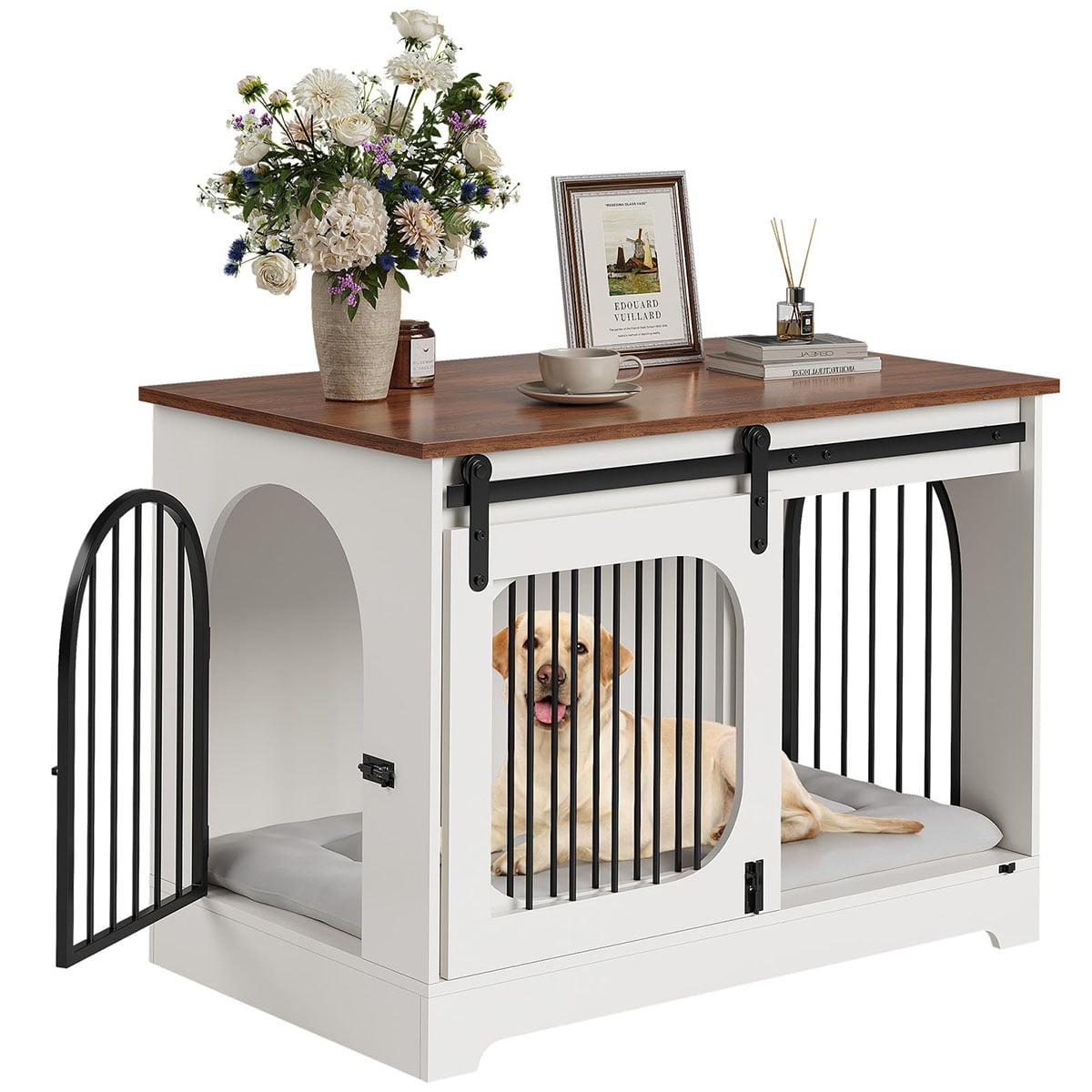 Ataucjin 39.4" Dog Crate Furniture, Dog Kennel for Dogs Up to 70 Lb, with Bed Mat, Heavy-Duty Dog Cage End Table, Three Doors Dog House