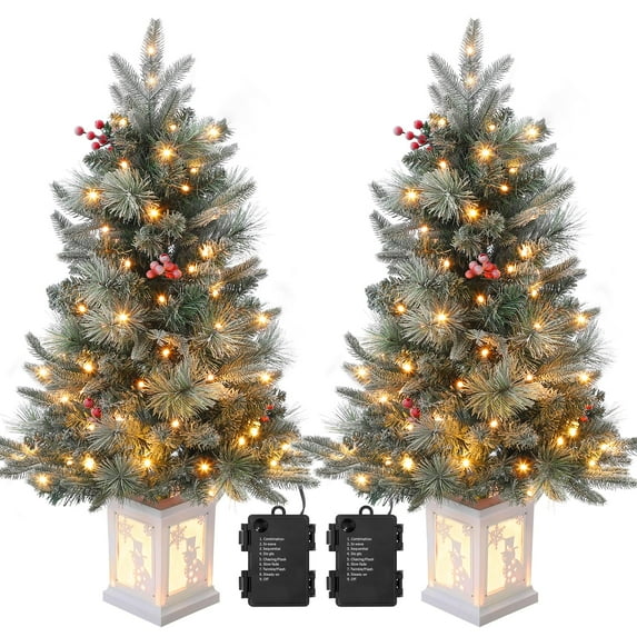 Ataucjin 3ft Pre-Lit Christmas Tree, Artificial Christmas Trees with 78 LED Lights, Snow Flocked Prelit Xmas Tree with Lighting Base, Battery Operated & Timer Function, Christmas Decoration for Home