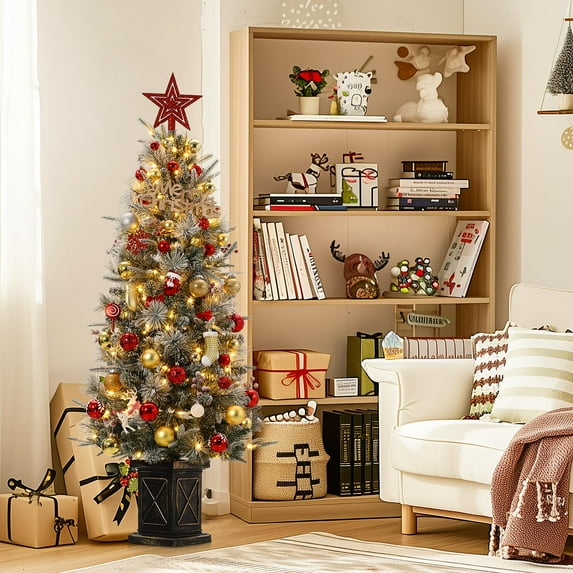 Ataucjin 4.5ft Artificial Christmas Tree,Prelit Christmas Tree Design with 108 Warm White Lights, and Vintage Potted Base, Perfect for Home, Office, Party Decoration