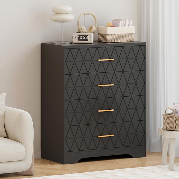 Ataucjin 4 Drawer Dressers,Wood Chest of Drawers with Gold Handles for Closet, Modern Tall Dressers, Nightstand, Wooden Storage Organizer Cabinet for Living Room,Bedroom,Hallway