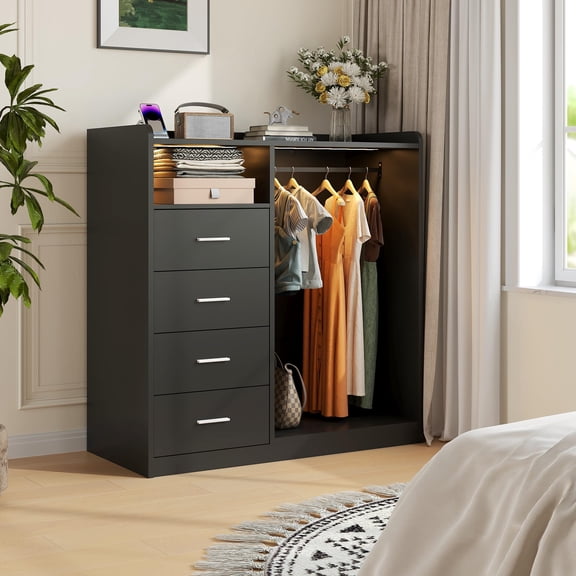 Ataucjin 4-Drawer Wardrobe Closet Organizer with Hanging Rack, Clothes Rack with 4 Drawers, Freestanding Garment Rack with LED Lights, Charging Station, Open Shelves
