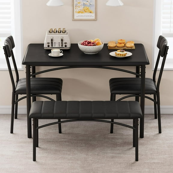 Ataucjin 4 Pieces Dining Table Set For 4 With Upholstered Chairs And Bench Rectangular 4 Person Kitchen Table Set Metal Frame Space-saving Design Table Set For Small Space Apartment Home Studio